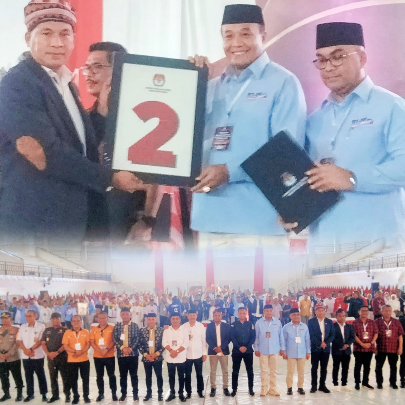 LM. Rajiun Tumada dan Purnama Ramadhan bersama Ketua KPU Muna, La Ode Muhammad Askar Adi Jaya, saat menerima nomor urut.