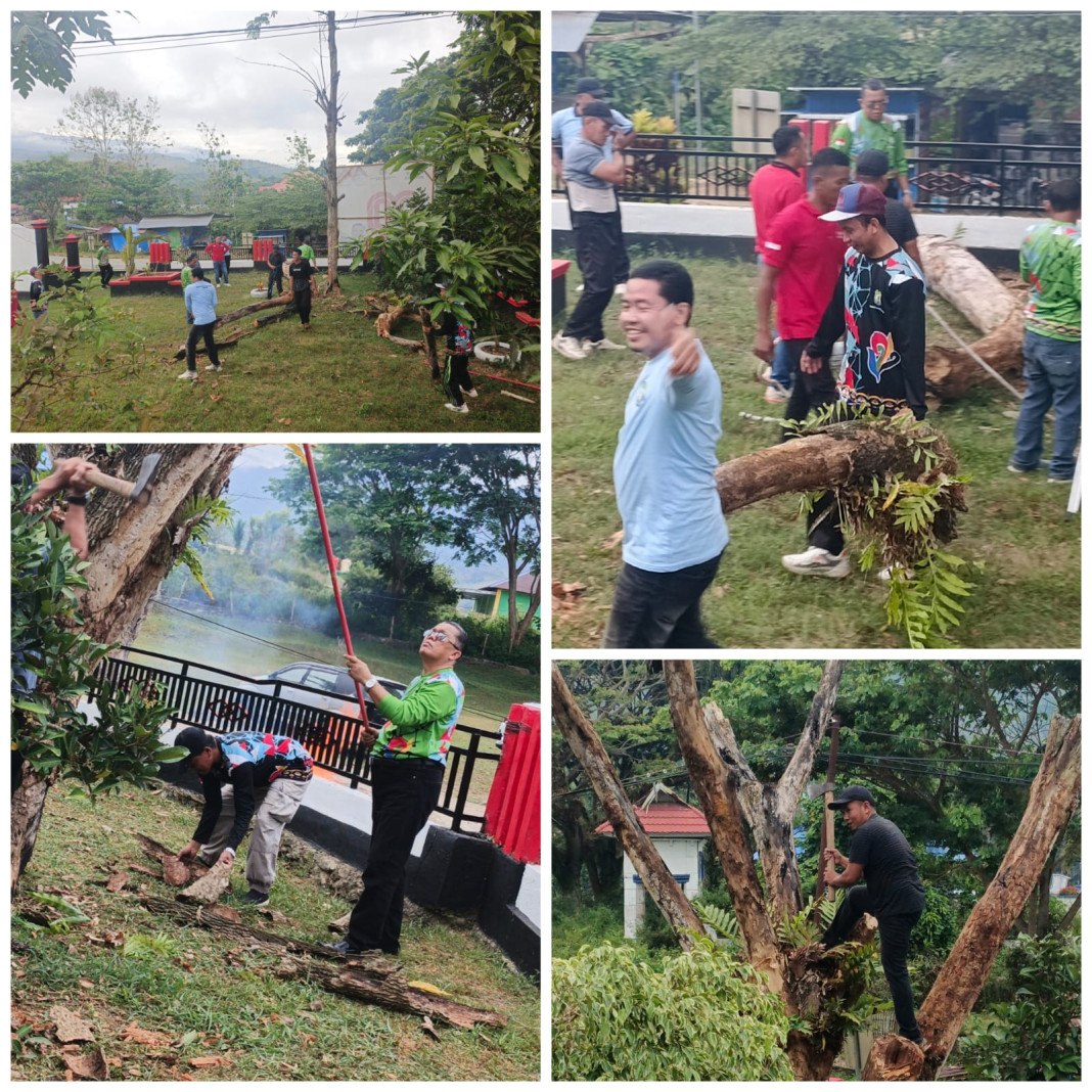 Suasana kerja bakti massal di lingkungan Kantor Badan Kesbangpol Kabupaten Bombana dalam mendukung Gerakan Berani Bersih Wonuaku Bombana, Jumat (10/10/2025). Seluruh pegawai bergotong royong menumbangkan pohon lapuk dan membersihkan area kantor sebagai wujud komitmen menjaga kebersihan serta kebersamaan di tempat kerja.
