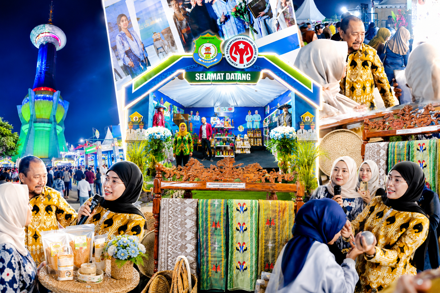 Suasana stan Kabupaten Bombana pada ajang Harmoni Sultra 2026 di Kota Kendari yang menampilkan produk UMKM, kerajinan lokal, dan potensi industri kreatif daerah sebagai bagian dari promosi pariwisata dan ekonomi kreatif oleh Dinas Pariwisata, Kepemudaan, dan Olahraga Bombana.